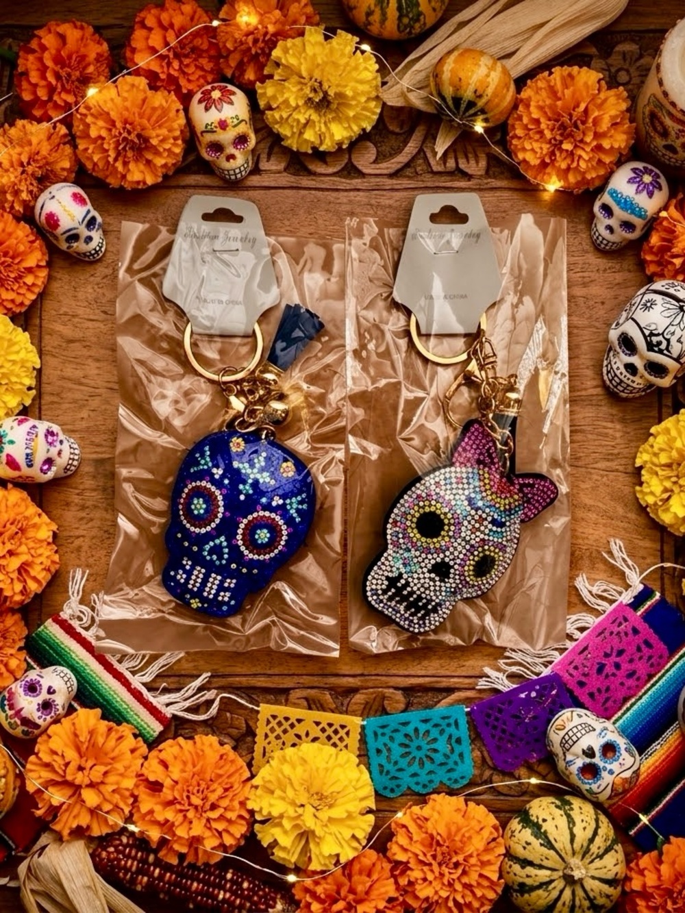 Beaded Sugar Skull Keychain “boy & girl” Bling Key Chain, Bag Charms set of 2